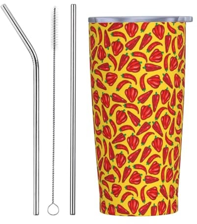 asbwuo Edelstahl-Reisebecher mit roter Chili-Paprika auf gelbem Hintergrund, vakuumisoliert, mit auslaufsicherem Deckel, doppelwandiger Isolierung, Strohhalm-Optionen und Reinigungsbürste
