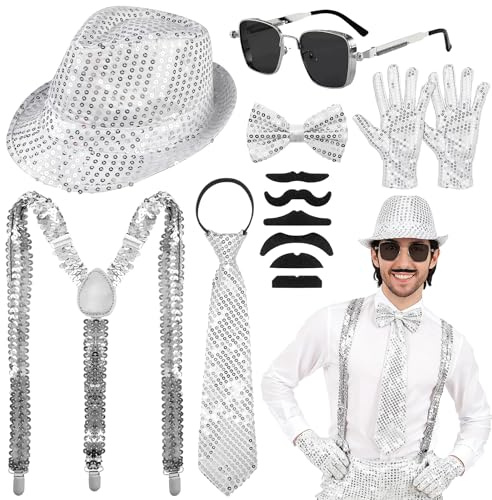 Silber Pailletten Kostüm Set mit Hut & Accessoires für Bühne und Fasching