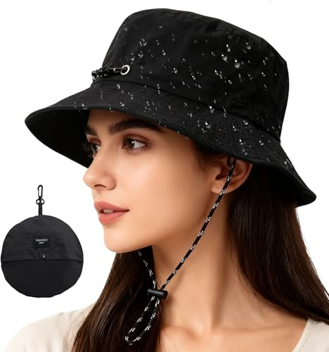 Regenhut Unisex Wasserdicht Bucket Hat, Sonnenhut Damen Herren Fischerhut mit Kinnriemen, Sonnenschutz Sommerhut Damen,Fischerhüte Faltbar, Für Strand,Schwimmbad,Camping,Picknick,Wandern,Reisen