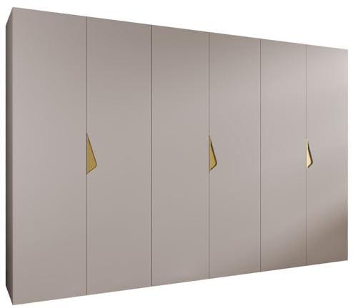 MEBLE KRYSPOL - Kleiderschrank - Garderobenschrank - 300 cm x 202 x 52 cm - Schrank mit Kleiderstange, 6 Türen - für Schlafzimmer, Flur - SANDI, Kaschmir, Griff Gold
