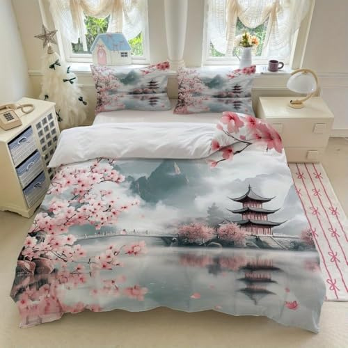 PNHCL Housse de Couette 240x280 cm 2 Personne Housse de Couette Fleurs de Cerisier japonaises Microfibre, Parure de Lit Adulte Tableau imprimé en 3D Fermeture éclair avec 2 Taie d'oreiller -TR4