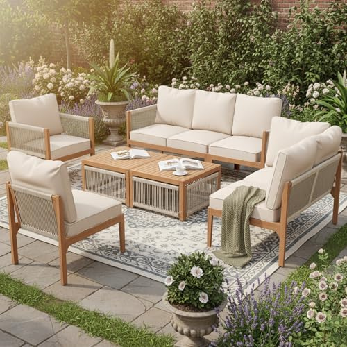 Merax 6-7 Seater Garden Lounge Set Acacia Wood Garden Furniture Set Outdoor Corner Sofa Set with Rope Woven Design, Grey Beige Garden Sofa Set with Coffee Table for Patio, Balcony & Terrace