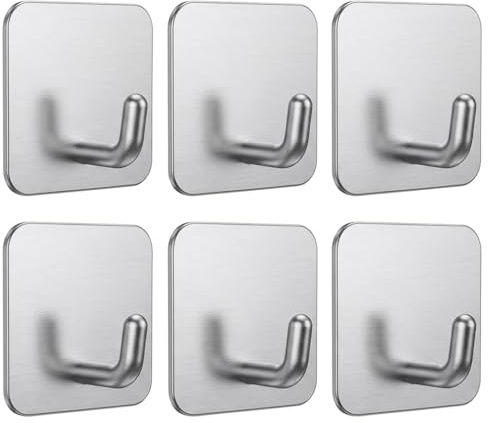 Boyfield Self Adhesive Hooks 6 Pack, Heavy Duty Stick on Hooks for Wall & Door, Waterproof Stainless Steel Towel Hooks for Bathroom, Kitchen, Hanging Coat, Key - Silver