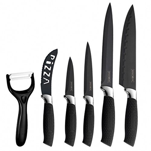 Royalty Line - Set 5pz coltelli da Cucina + pelapatate Rivestito in Ceramica con Manico Scuro - RL-BLK5-W - Carne, spilucchino, Pizza, Universale