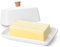 Flexzion Ceramic White European Butter Dish with Lid for Countertop (8 Inch) - Wide 2 Stick Double Butter Holder for Counter, Cream Cheese Container Storage Keeper