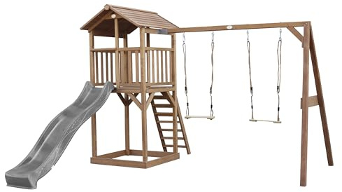 AXI Beach Tower Aire de Jeux avec Toboggan en Gris, 2 Balançoires & Bac à Sable | Grande Maison Enfant extérieur en Marron | Cabane de Jeu en Bois FSC