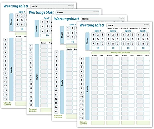 Wertungsblatt Block DIN A5, gut lesbar und übersichtlich gestaltet, moderner Ersatzblock mit Phasen, großer Spielblock für Würfel und Kartenspiele, für Senioren und Kinder geeignet, Familienspiel (4x)