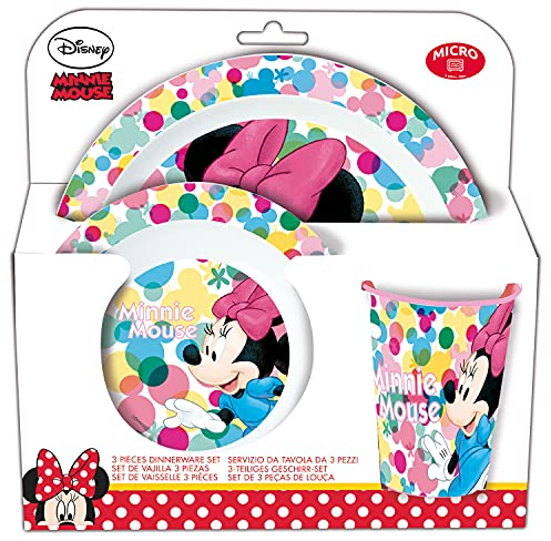 p:os Disney Minnie Mouse 33483088 Service de petit-déjeuner 3 pièces avec assiette, bol et gobelet, vaisselle pour enfant en plastique, passe au lave-vaisselle/micro-ondes
