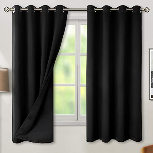BGment Wärmeisolierte 100% Verdunkelungsvorhänge für Schlafzimmer, mit schwarzem Futter, doppellagig, verdunkelnd, geräuschreduzierend, Ösenvorhang, 132 x 160 cm, Schwarz, 2 Paneele