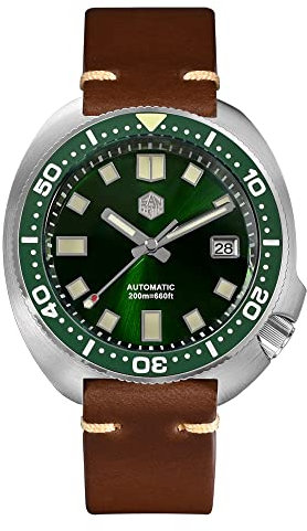 NC San Martin Upgraded SN047G Thunfisch Taucheruhr 20 Bar Edelstahl Herren Automatik Mechanisch Saphir Horween Leder Leuchtend (Green)