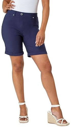 Roman Originals Stretch Shorts for Women UK Ladies Pull On Turned Hem Cut Off Bengaline Mom Boyfriend Boy Denim Casual Cropped Pants Capri Slim Fit Turn Up Summer Crops Mother - Navy - Size 22