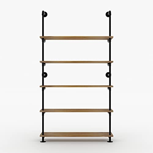 pamo Regal im Industrial Design mit Eichenbretter - LENNE - Regal für begehbaren Kleiderschrank Wand I Kleiderständer oder Ablage aus schwarzen stabilen Rohren zur Wandmontage aus Wasserrohren
