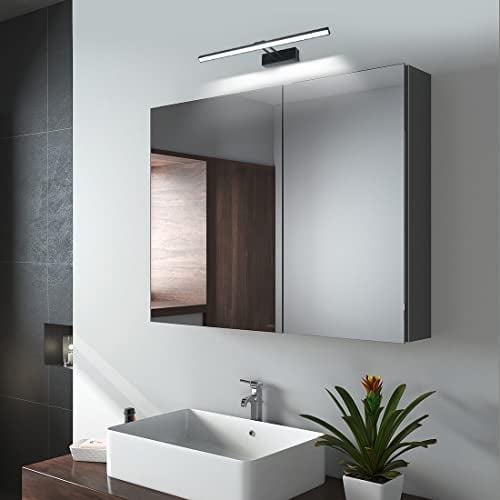 EMKE Spiegelschrank Bad mit Beleuchtung Badezimmer Spiegelschrank Spiegelschrank Bad mit Spiegelleuchte 40cm Kaltweiß Licht, Badschrank mit Doppelseitiger Spiegel (Grau-85x65x14cm)