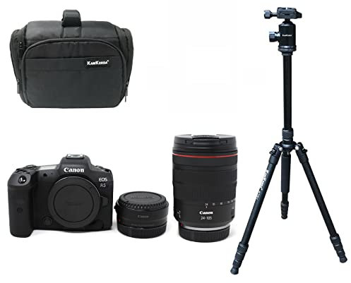 KamKorda Camera Bag + Tripod + R5 Mirrorless Digital Camera + RF 24-105 f4L Lens + R Mount Adapter, 45MP Full-Frame CMOS Sensor, DIGIC X Processor, 8K Raw and 4K Video + 2 Year Warranty