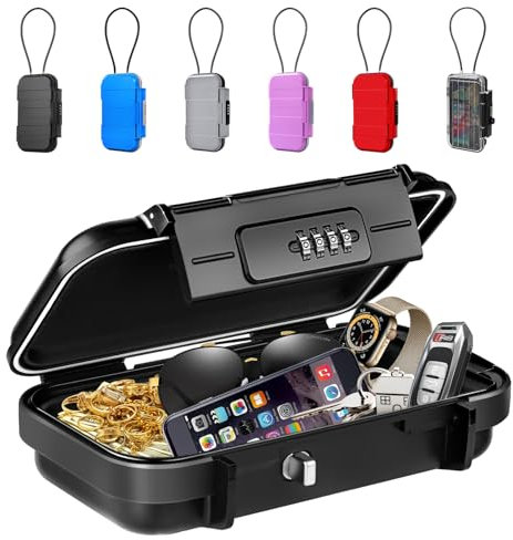 BKNOOU Cassetta di sicurezza da viaggio, portatile, sicura per viaggi, antifurto, da spiaggia, impermeabile, piccola scatola con serratura a combinazione con catena rimovibile, cassetta di sicurezza