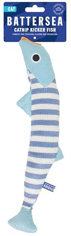 Rosewood Battersea Cat Kicker Fish Toy – Blue/White Striped Plush Cat Toy for Cats and Kittens, Catnip-Infused, Interactive Kicker for All Breeds, UK Charity Partnership – 30 cm