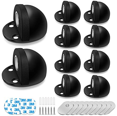 10 Pack Magnetic Door Stop Adhesive Door Stopper Floor Mounted Door Holder Brushed Satin Dome Doorstop, Black No Drill