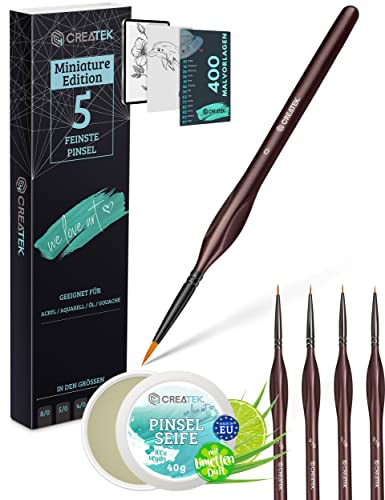 CreaTek - Miniature Pinsel Set & Pinselseife 40g mit Limettenduft [ Die perfekte Kombination ] 5 feinste Miniatur Pinsel + Handmade Pinselseife für hervorragende Pflege deiner Detail Pinsel