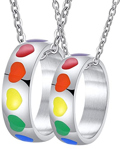 Mesnt Couples Ring Personalized, Stainless Steel Rings Pendant Necklace Silver LGBT with Rainbow Heart Enamel | Customize-Size&Text