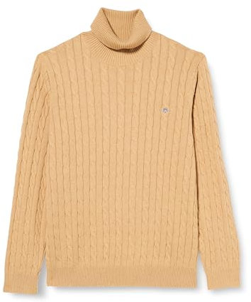 GANT Men's Cotton Cable Turtle Neck Sweater, Khaki Mel, L