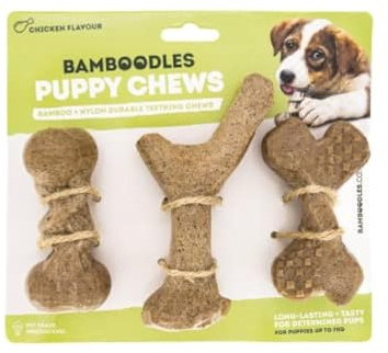 Bamboodles Puppy Chew Toy 3 Pack – Chicken Flavour | Long Lasting Natural Chews for Puppies | Safe Gentle I-Bone Design for Teething Comfort