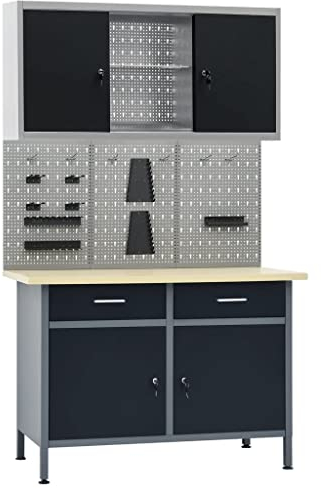 Tidyard Werkbank Werkstatt-Set Mit 1 Werkbank,3 Werkzeugwände und 1 Wandschrank,Werkstattschrank Arbeitstisch Arbeitsstation 120 x 60 x 85 cm,Maximale Belastbarkeit: 500 kg,3 Lochwand-Paneele