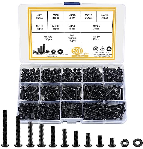 Set di Viti M4, 411 Pz Viti a Testa Esagonale, Dadi e Rondelle Assortiti, Viti a Macchina con Testa a Lente Nere, Kit di Viti e Dadi, Resistente alla Corrosione e all'Usura