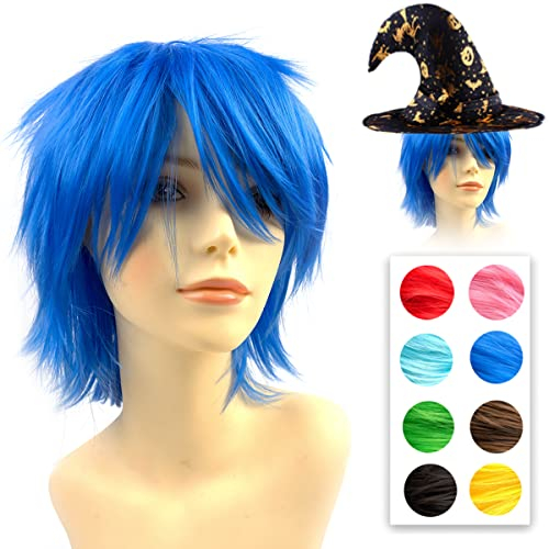 PARXITN Halloween Cosplay Wigs Anime Perücke Synthetische geschichtete kurze Haare Perücken mit Pony für Party Halloween Kostüm Costume Perücken für Damen Frauen Männer Juwel Blau Wig