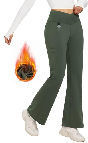 baleaf Damen Thermo Hose Yogahose Bootcut Leggings Wasserabweisend Crossover Flare Leggings Warm High Waist Tanzhosen mit Taschen Grün S