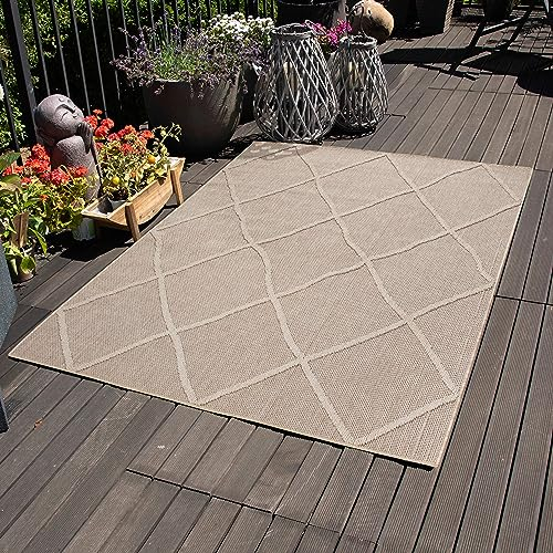 Carpettex Outdoor Teppich Wetterfest 160x230 cm Sisaloptik Beige - Ideal für Balkon, Garten, Terrasse, Camping und als Küchenteppich - Waschbarer Teppich, Boho Design, Flachgewebe