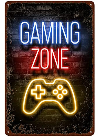 Vintage-Blechschilder mit Neon-Effekt – Spielzimmer-Metallschilder, Zone – Jungenzimmer, Retro-Wanddekoration, Gamer-Wandschilder, 20,3 x 30,5 cm