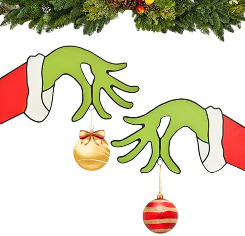 2 Stück Weihnachten Grinch Handdekorationen Grin-ch Weihnachtsschmuck Grin-ch Weihnachtsbaum Deko Hängende Ornament Hand des Grinchs für Weihnachten Tür Fenster Drinnen und Außen