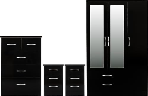 Seconique Nevada 3 Door 2 Drawer Mirrored Wardrobe Bedroom Set in Black Gloss
