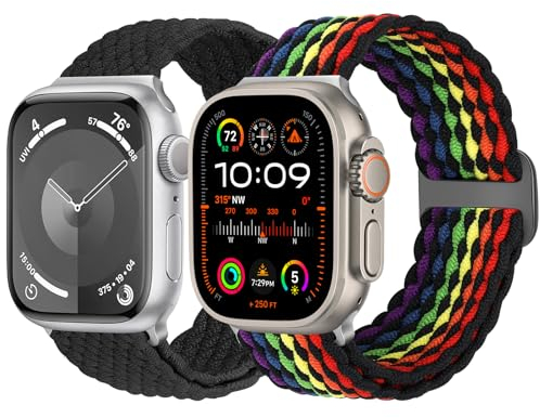 Yunshare 2 Stück Geflochtene Armband Kompatibel mit Apple Watch Armband 49mm 45mm 44mm 42mm für Damen Herren, Elastisches Nylon Armband für Apple Watch Series 9 8 7 6 5 4 3 SE Ultra 2 1