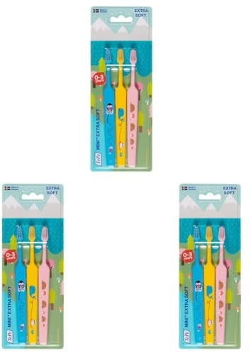 TePe Mini Zahnbürste, Extra Soft, farblich sortiert, 3 Stk., Kinderzahnbürste, extra weiche Borsten für sanftes putzen, vom ersten Zahn bis 3 Jahre (Packung mit 3)