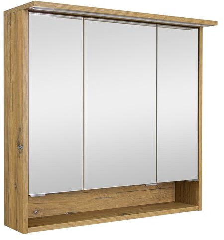 Lomadox Badezimmer Spiegelschrank Bad LED Beleuchtung 3 Türen offenes Fach Ablage in Eiche 75,2x72x15,6 cm