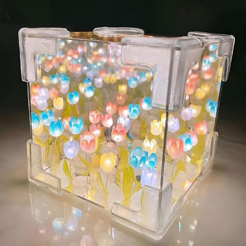 GUSHE Blossom Box, DIY Tulips Cube Mirror Lamp, DIY Tulpenwürfel Spiegel Lampe, Tulpen Nachtlicht, LED Blumen Tulpen Licht, Handgemachte Tulpe Lampe für Tisch Schlafzimmer Heim Dekoration (Farbe)