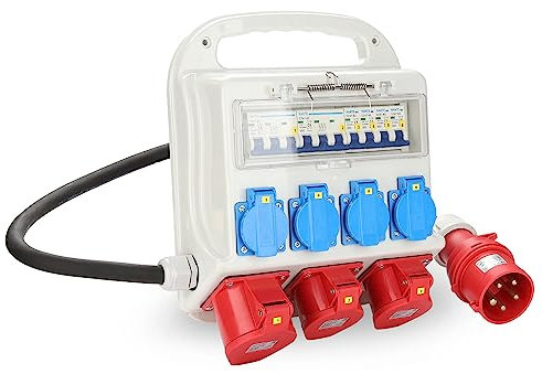 Izrielar Distributore da parete, distributore di corrente 2 x CEE 16 A 400 V + 1 x CEE 32 A 400 V + 4 x 230 V Schuko IP44 5 poli, tubo in gomma pesante alimentazione