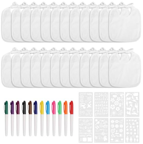 PEUTIER 24stk Baby Lätzchen zum Bemalen, Weiße Babylätzchen zum Dekorieren mit 12 Bunten Markern und 8 Schablonen Fütterlätzchen zum Selbermachen für Babypartys