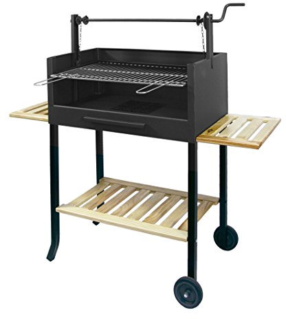 BARBACOA CON RUEDAS, ELEVADOR, PARRILLA CINCADA Y BANDEJAS DE MADERA 73X40X117 CMS.