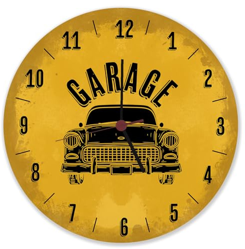 speecheese Garage Auto Wanduhr aus Alu in gelb Witzige Uhr für Männer mit Automotiv perfekte Dekoration für Oldtimer Liebhaber mit Fuhrpark und verschiedenen Kfz