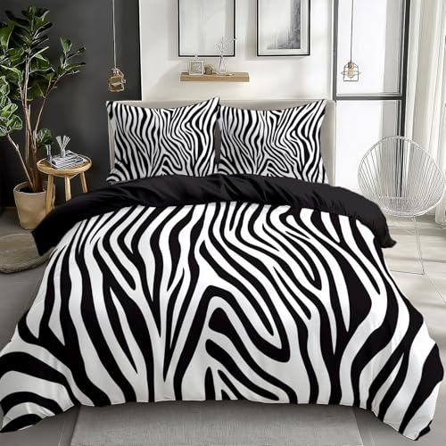 Quixora Bettwäsche 155 x 220 cm Wende Bettbezug Set 3 Teilig, Schwarz, Muster Schwarz-weiß gestreiftes Tierfell Zebra, Weiche Microfaser Bettbezug mit Reißverschluss und 80x80cm Kissenbezug