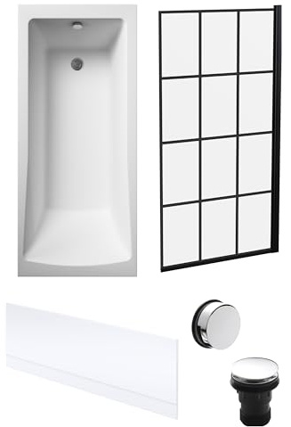 Balterley 1700 x 700mm Square Shower Bath with Leg Set, Black Square Framed Shower Screen, Chrome Waste, & Front Bath Panel, Straight Single Ended Gloss White Soaking Bathtubs