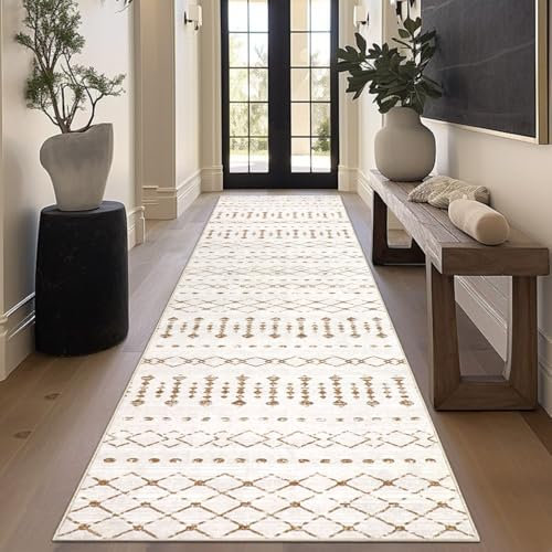 Homcomodar Boho Teppich Läufer 80x300cm Teppich Läufer Küchenteppich Läufer rutschfest Waschbar Läufer für Flur Wohnzimmer Eingang Schlafzimmer(Beige/Weiß)