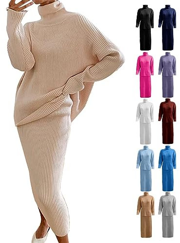 Strickpullover für Damen, 2 Sets, Rollkragen, übergroßes Pulloverkleid, Winter, warm, gemütlich, lange Ärmel, hoher Halsausschnitt, lockeres Kleid, hohe Taille, Wickelkleid, lässig, einfarbig,