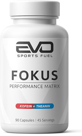 EVO SPORTS FUEL Fokus Koffein + L-Theanin | 90 hochdosierte Kapseln | 100 mg Koffein & 100 mg L-Theanin pro Kapseln | 100% vegan | geprüfte Qualität | Made in Germany