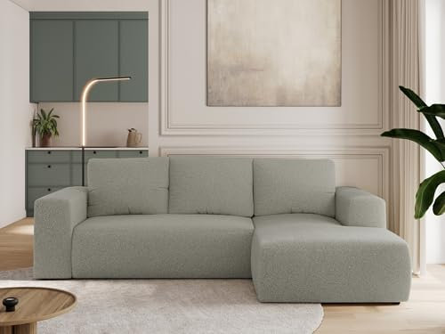 MKS MEBLE Sofa mit Schlaffunktion - Ecksofa mit Schlaffunktion und Bettkasten - Sofa 3 Sitzer - Schlafsofa - Couch - Schlafsofa mit Bettkasten - Trentino L - Hellgrau Boucle - Rechts