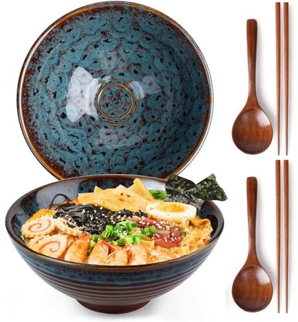 1200ml Ceramic Ramen Bowl Set Of 2 Noodle Bowls With Chopsticks And Spoons,Peacock Tail Ramen Bowl For Inaugurations,Weddings, Birthdays, Holidays, Anniversaries Or Simply For Passionate Ramen Lovers.