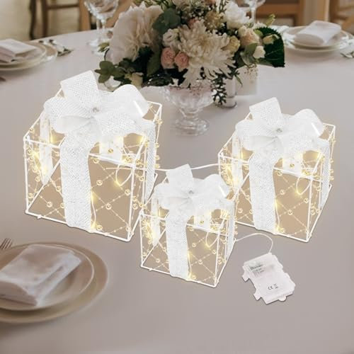 MIIWWOWO Set of 3 Christmas Lighted Gift Boxes Light up Present Boxes Christmas Large Christmas Decorations Light Up Xmas Present Ornament for Christmas Tree Indoor Outdoor
