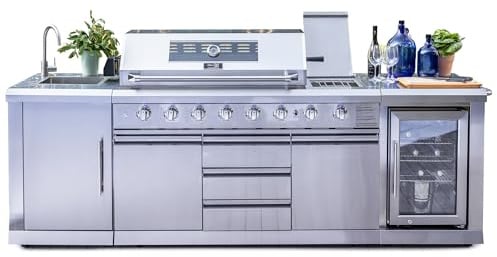 Ondis24 Outdoor-Küche Outdoorküche Gasgrill Kühlschrank Spülbecken Edelstahl Innenbeleuchtung 6 Brenner Außenkochfeld Kreamik Backburner Drehspieß